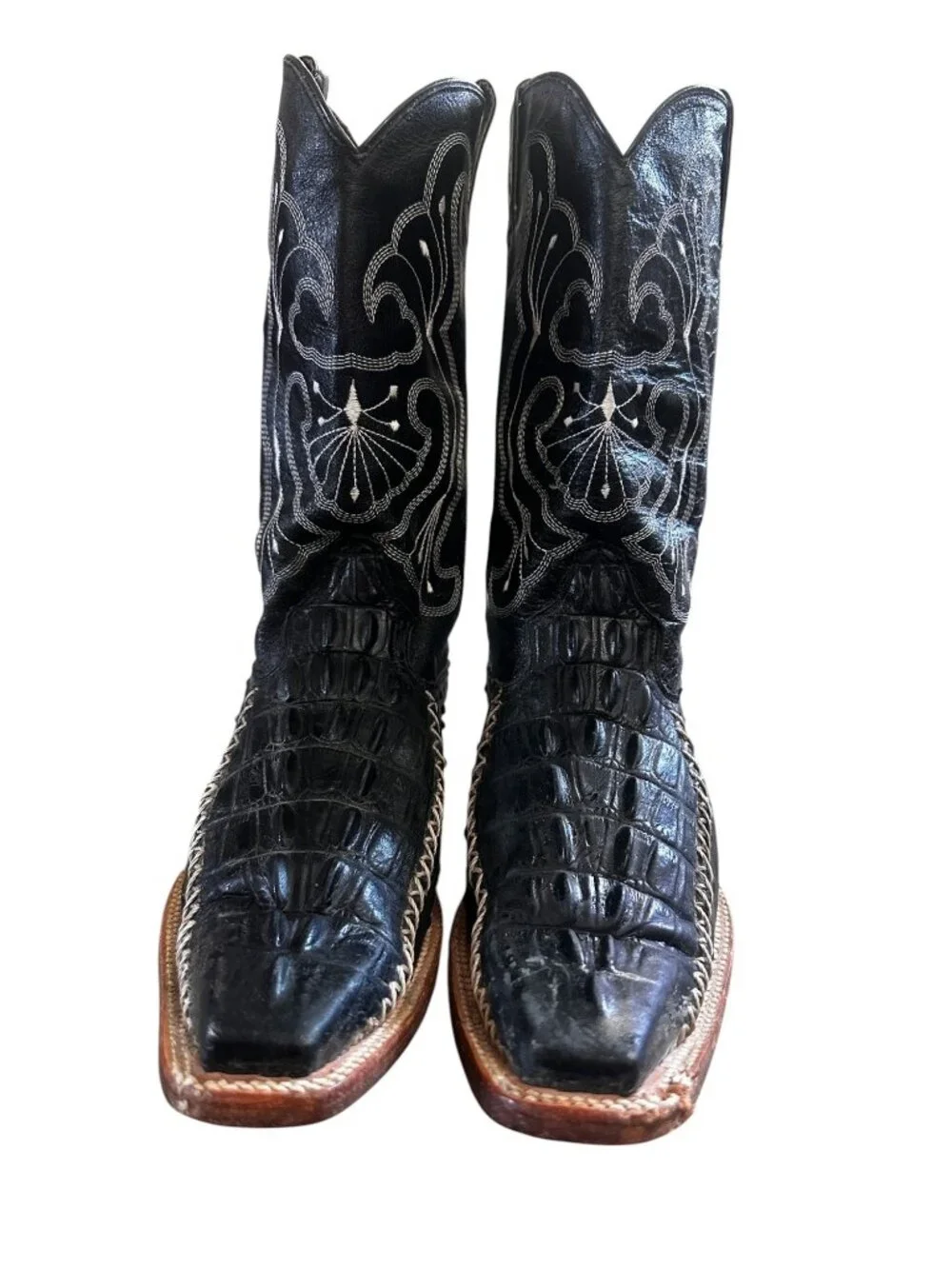 Tino Boots Leather Alligator Print Cowboy Boots Mens 10 Blak Embroidered Western